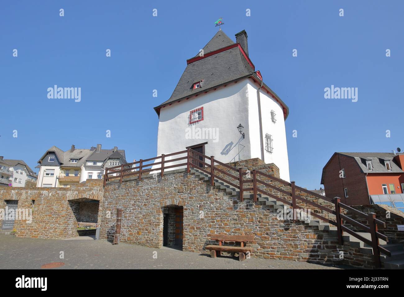 City wall with Schinderhannesturm built 18th century landmark in Simmern im Hunrueck, Rhineland-Palatinate, Germany Stock Photo