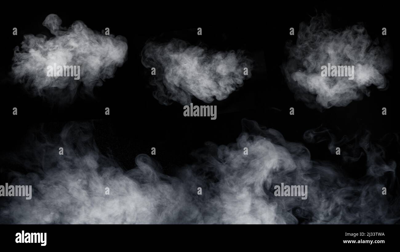 A set of different types of swirling, writhing smoke, steam isolated on ...