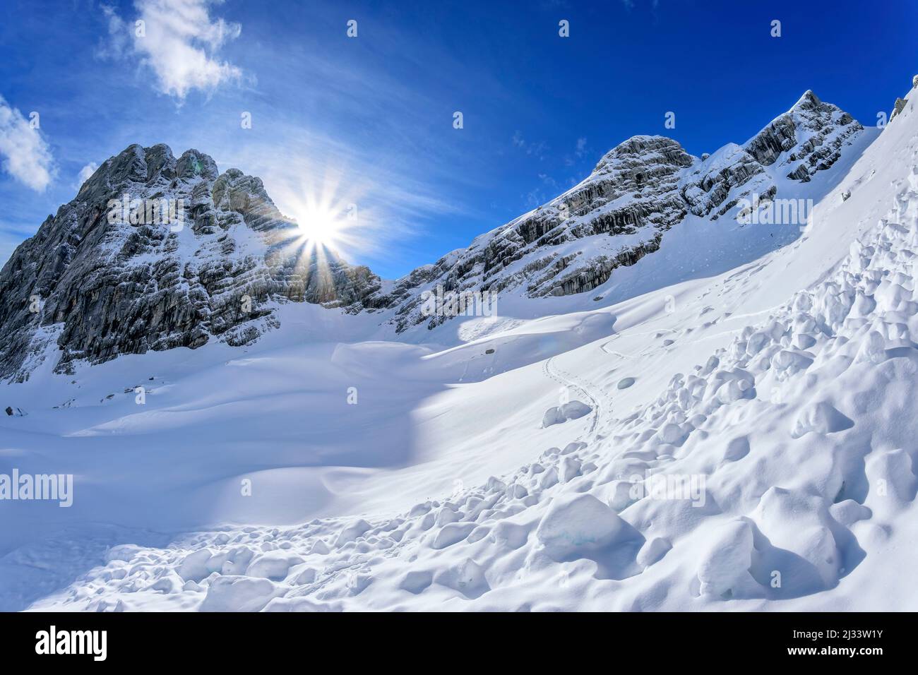Avalanche snow in the Watzmannkar, Watzmannkar, third Watzmannkind, Berchtesgaden Alps, Berchtesgaden National Park, Upper Bavaria, Bavaria, Germany Stock Photo