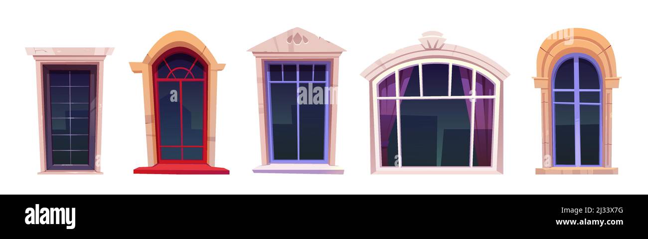 Cartoon windows set, vintage glasses with stone frames, windowsill and curtains inside, retro style arched and rectangular palace or castle exterior d Stock Vector