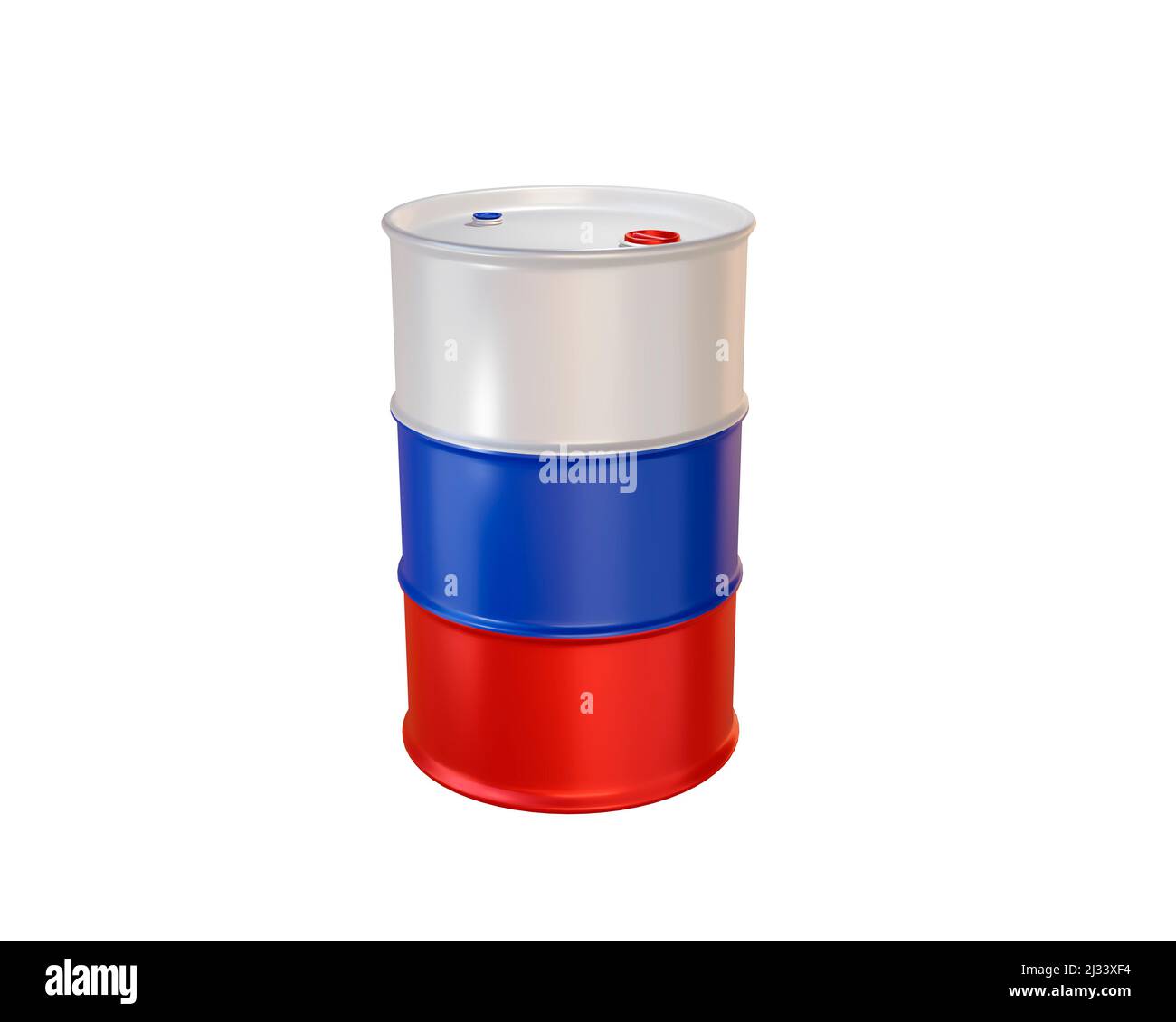isolated 3d render of oil barrel in Russian flag colour combination. Stock Photo