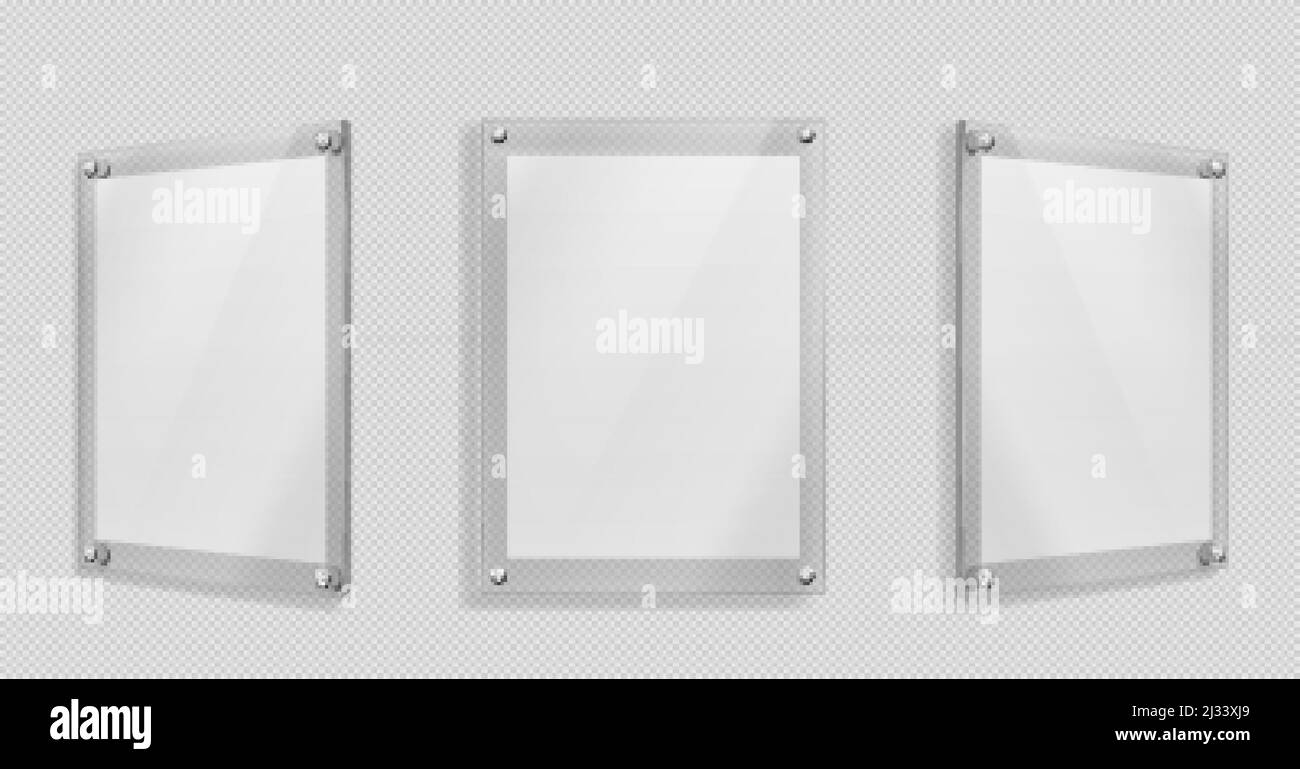Acrylic poster, blank glass frame hang on wall isolated on transparent