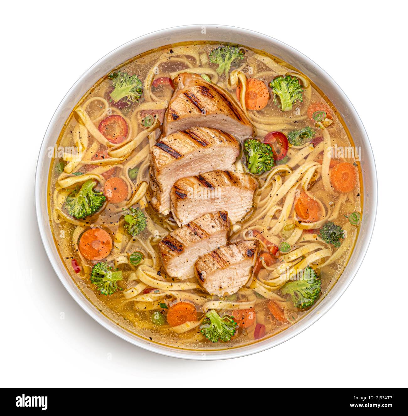 Fettuccine noodles with grilled chicken, top view Stock Photo