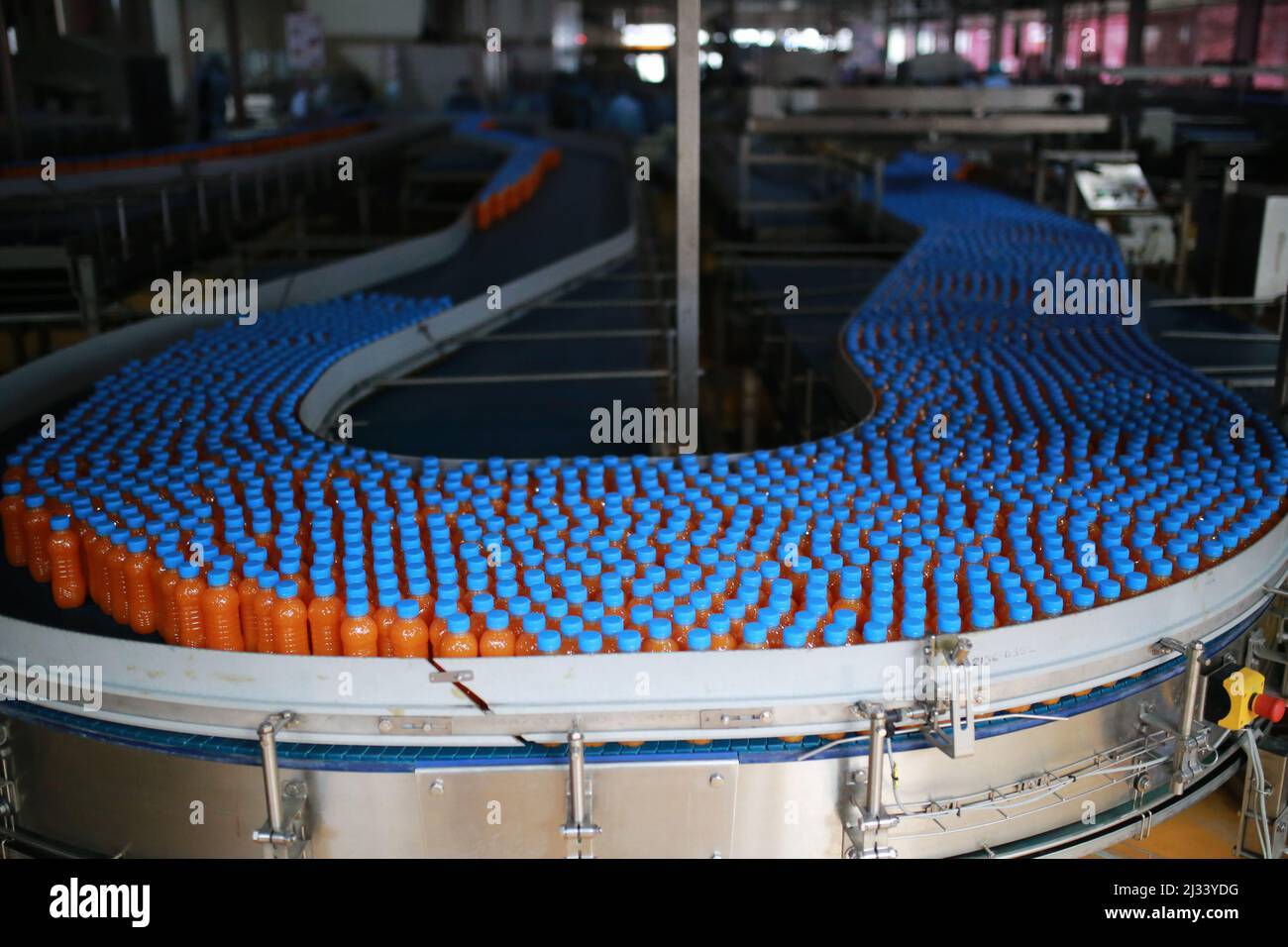 Plastic bottles of soft drink are seen on an assembly line at a