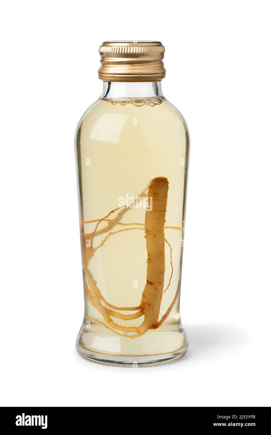 Single glass bottle with Ginseng drink and ginseng root isolated on white background close up