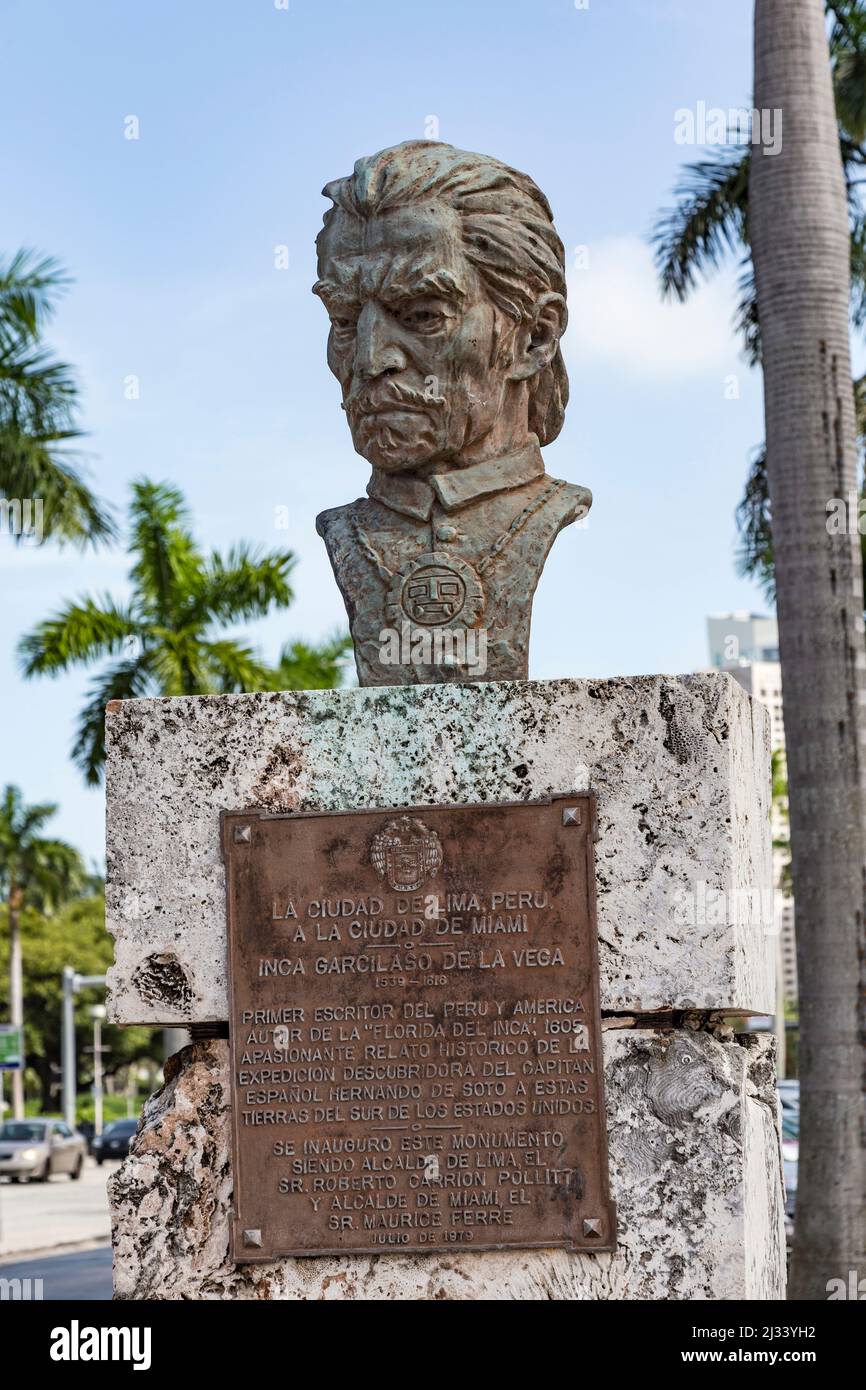 MIAMI, USA - AUG 29, 2014: statue of inca garcilaso de la vega as a peruvian gift in downtown Miami. Stock Photo