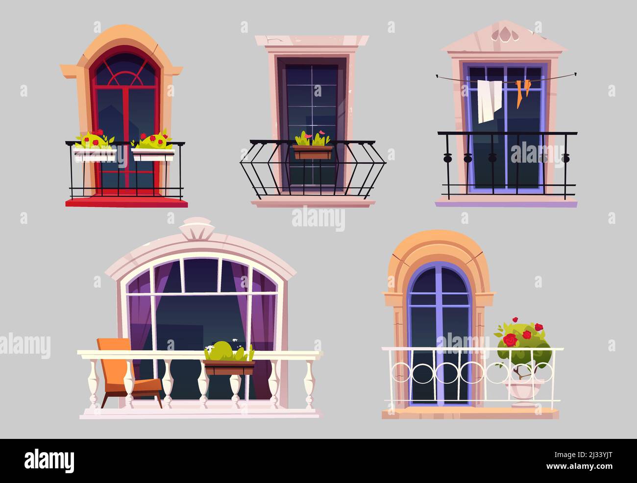 Vintage balconies with glass doors, windows, flowers in pots and fences. Vector cartoon set of balconies with metal railing and white balustrade, chai Stock Vector