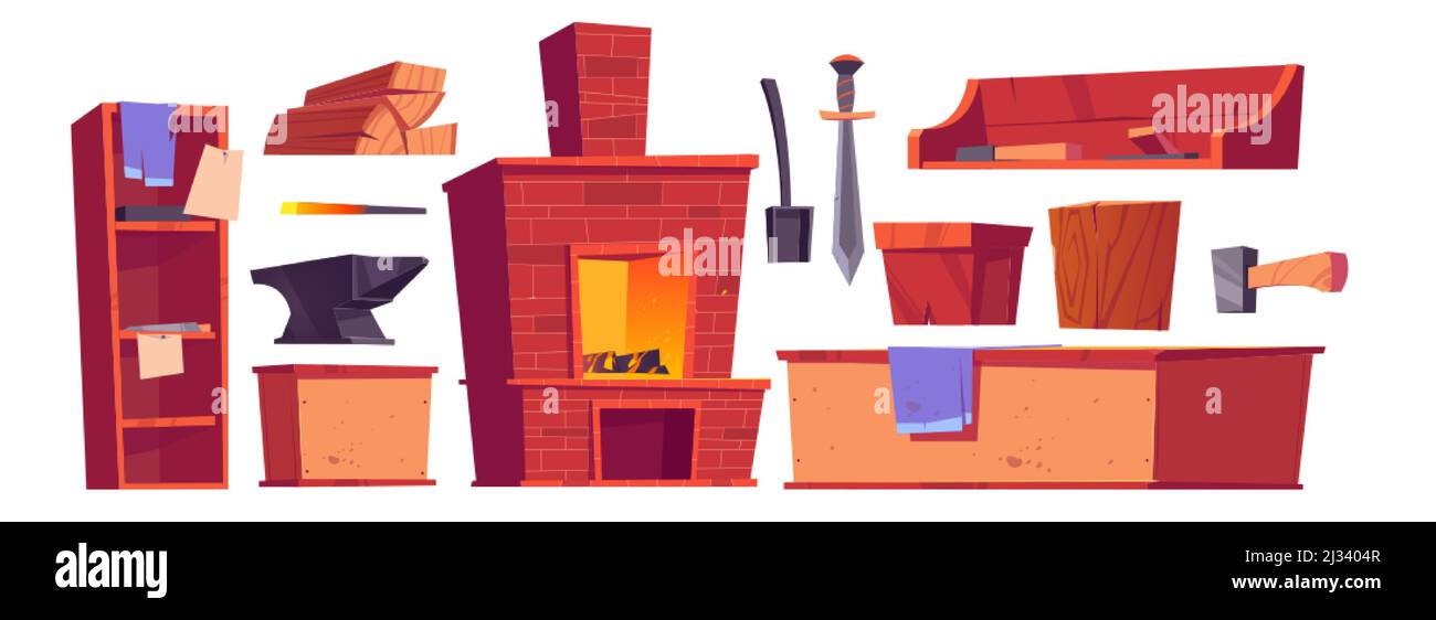 Forge or blacksmith stuff and furniture, burning oven, sword, anvil, scoop and hammer with wood logs, wooden shelves, chair and desk with ragged fabri Stock Vector