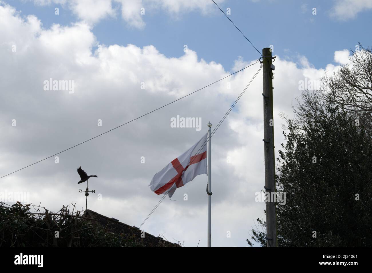 Duck weathervane and St George's flag, northerly wind. Stock Photo