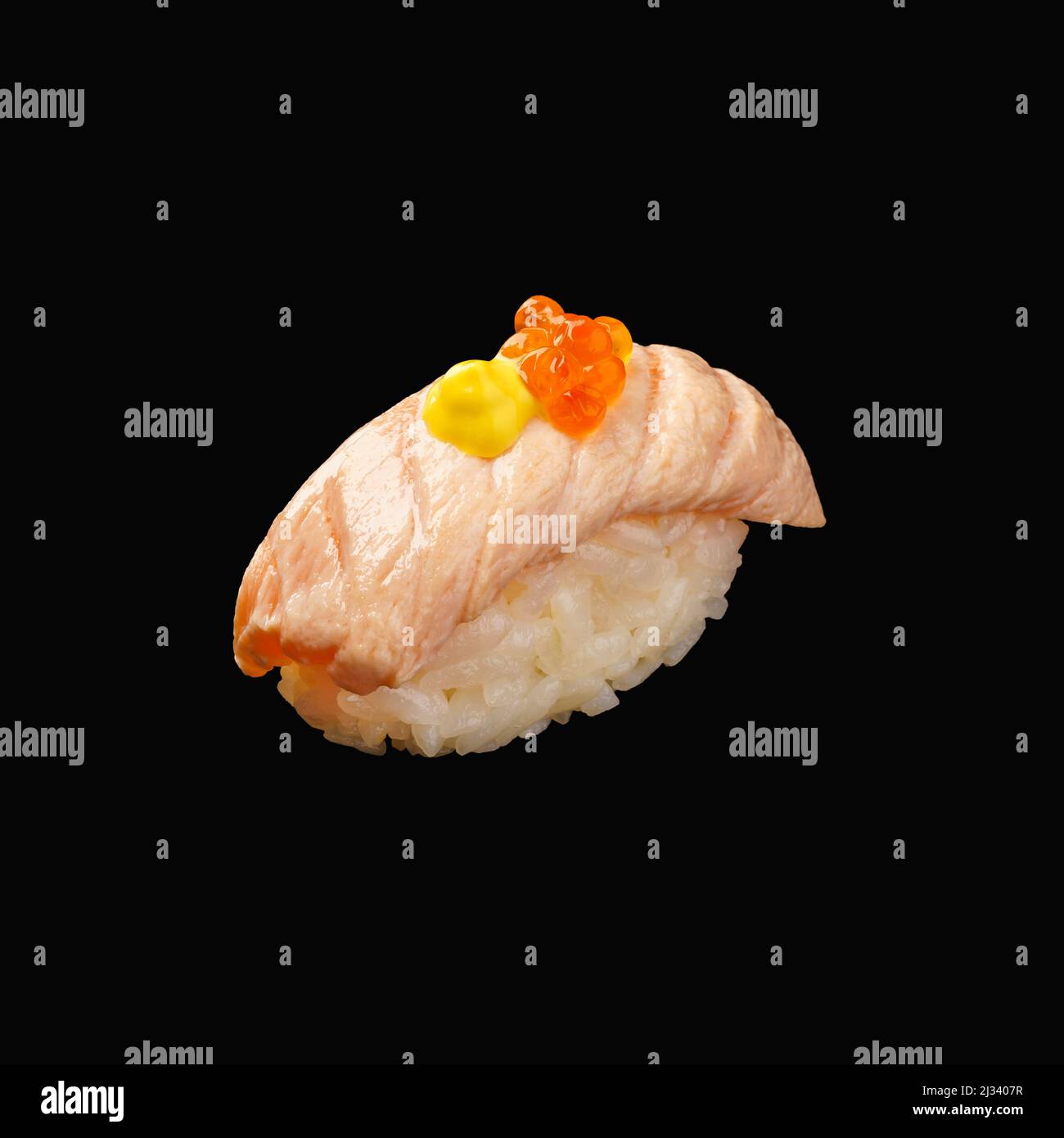 japanese nigiri sushi with fried salmon, red caviar, Japanese
