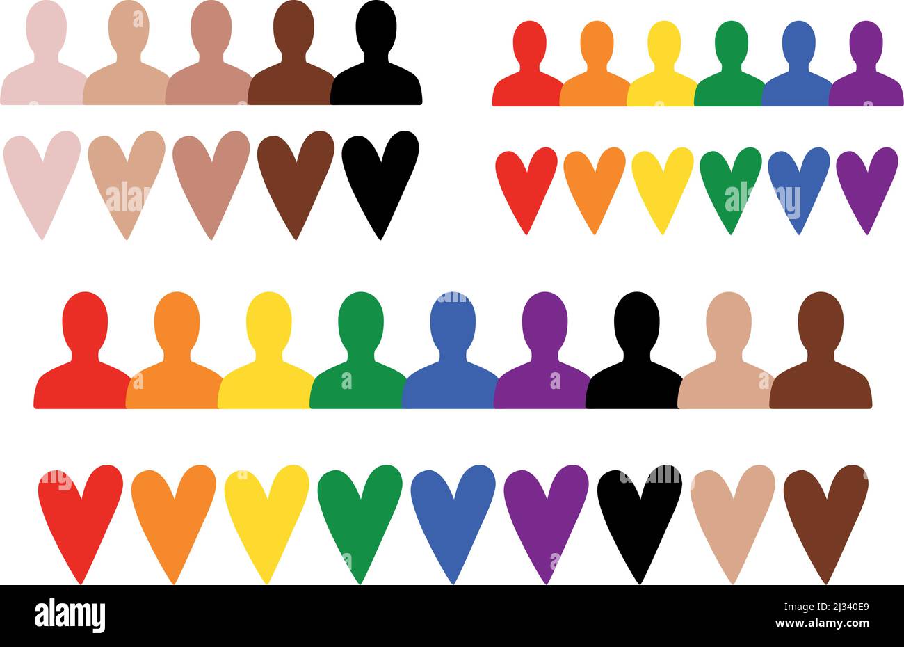 Rainbow colored people and hearts, diversity, equity, inclusion concept, black lives matter, love is love, LGBT, LGBTQI, LGBTQIA, vector illustration Stock Vector