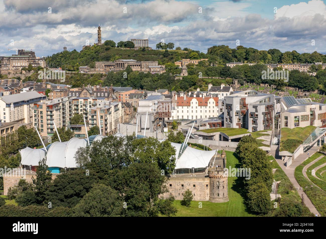 View over Scottish Parliament from Salisbury Crags, Scotland, UK Stock Photo