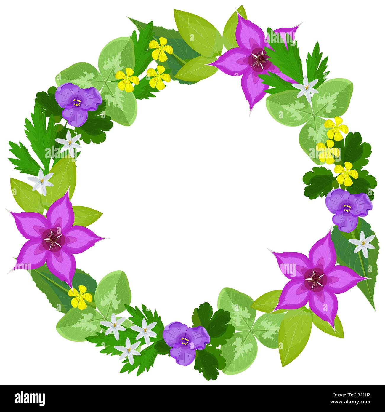 Round frame, wreath of summer wildflowers and leaves on a white background Stock Vector
