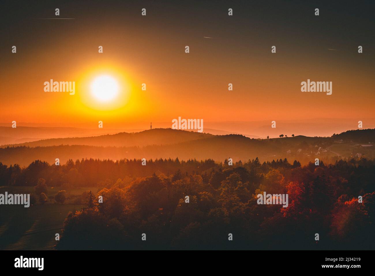 Rhön view from the Wachtküppel at sunset, Gersfeld, Hesse, Germany, Europe Stock Photo