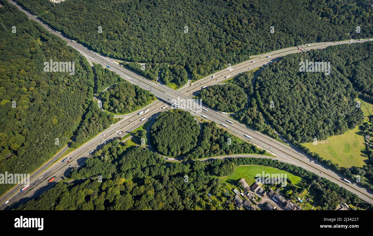 Aerial view, motorway junction Oberhausen with A2 and A3 in the district Königshardt in Oberhausen, Ruhr area, North Rhine-Westphalia, Germany, motorw Stock Photo