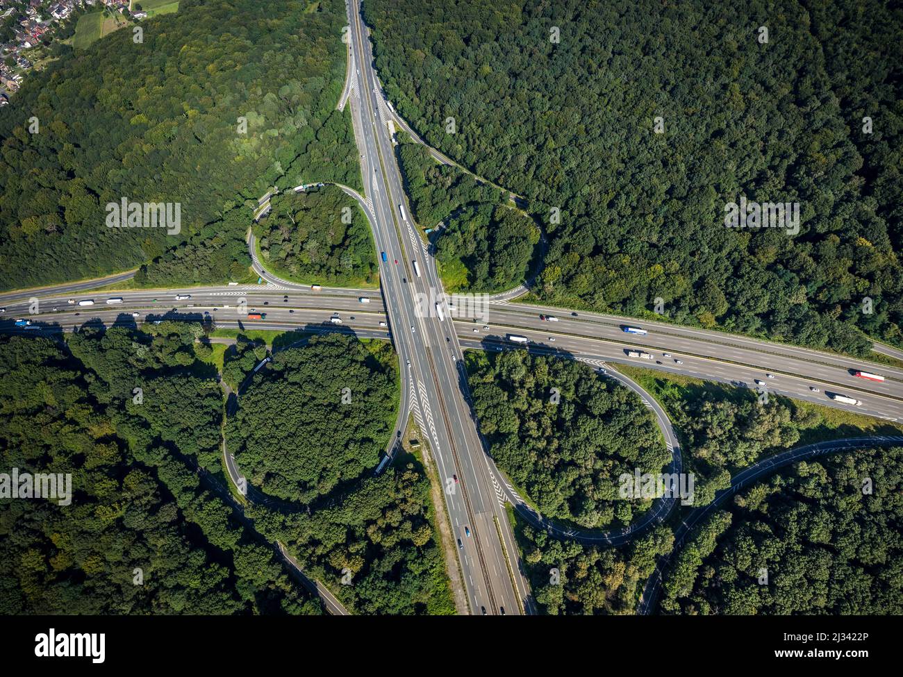 Aerial view, motorway junction Oberhausen with A2 and A3 in the district Königshardt in Oberhausen, Ruhr area, North Rhine-Westphalia, Germany, motorw Stock Photo