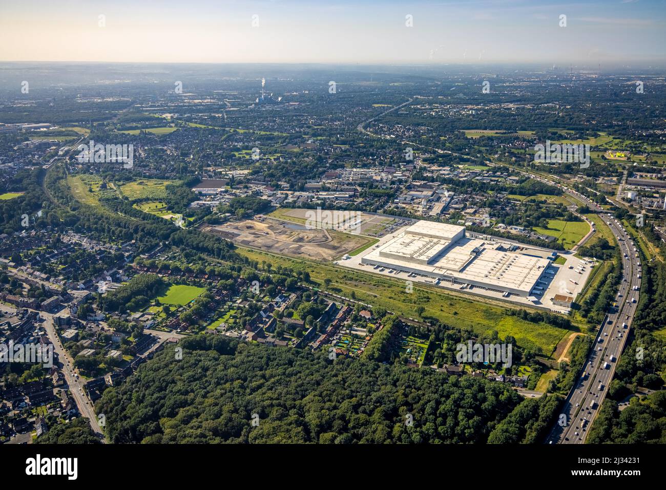 Aerial photograph, Edeka central warehouse Oberhausen with fallow land as well as Sterkrade colliery in the Schwarze Heide district in Oberhausen, Ruh Stock Photo