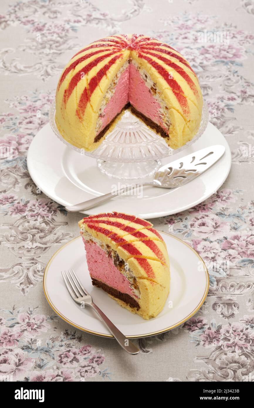 homemade italian zuccotto cake isolated on white background