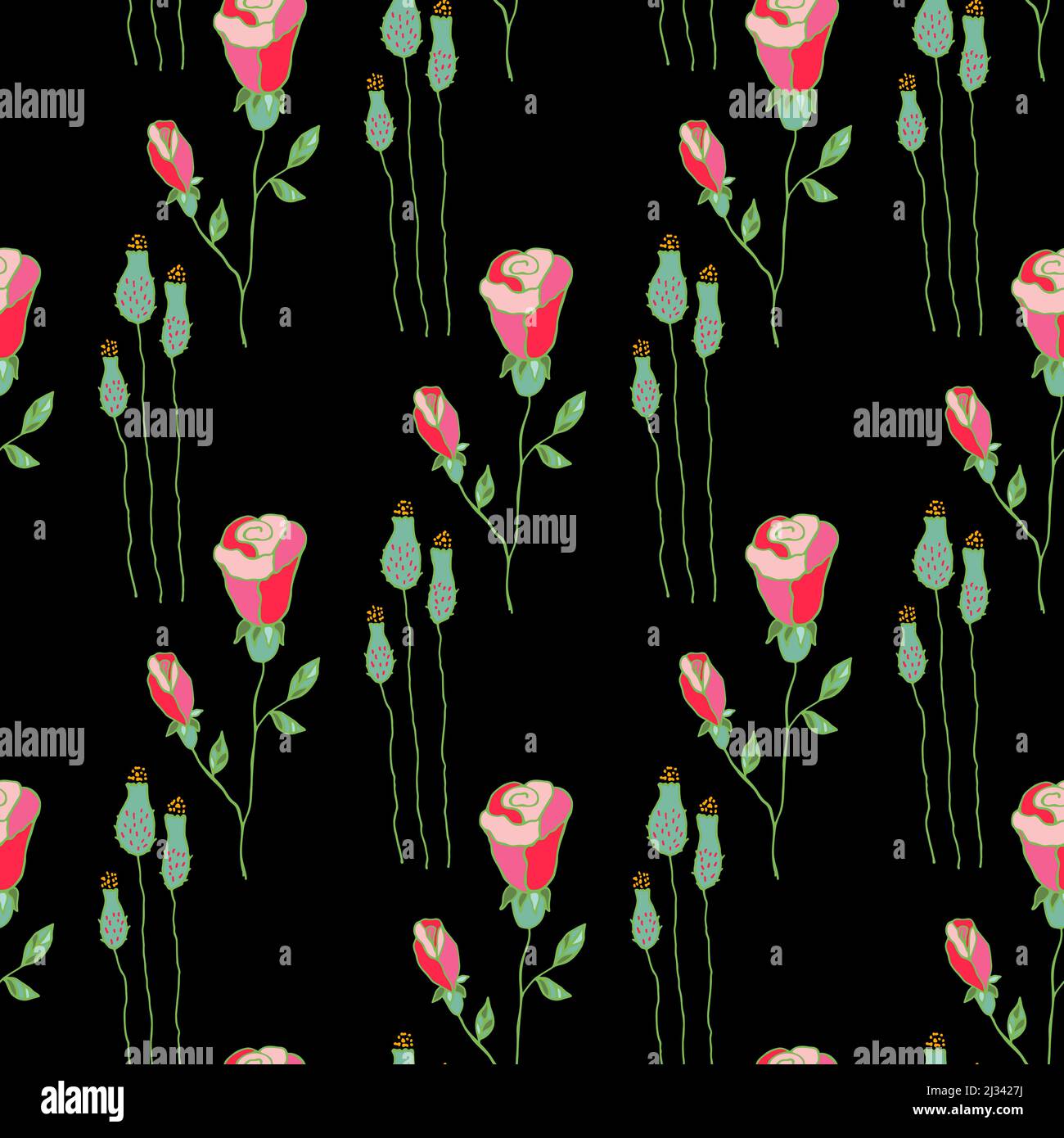 Floral seamless pattern. Pink flowers on a dark background. Seamless ...