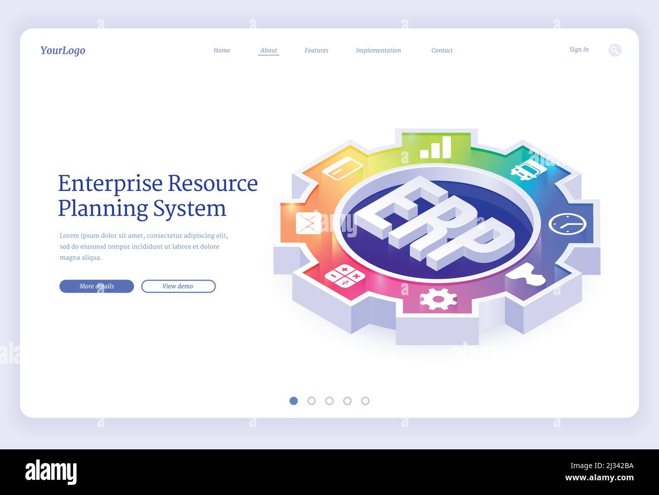 ERP, enterprise resource planning isometric landing page. Productivity and improvement system development, business integration, strategy, office icon Stock Vector