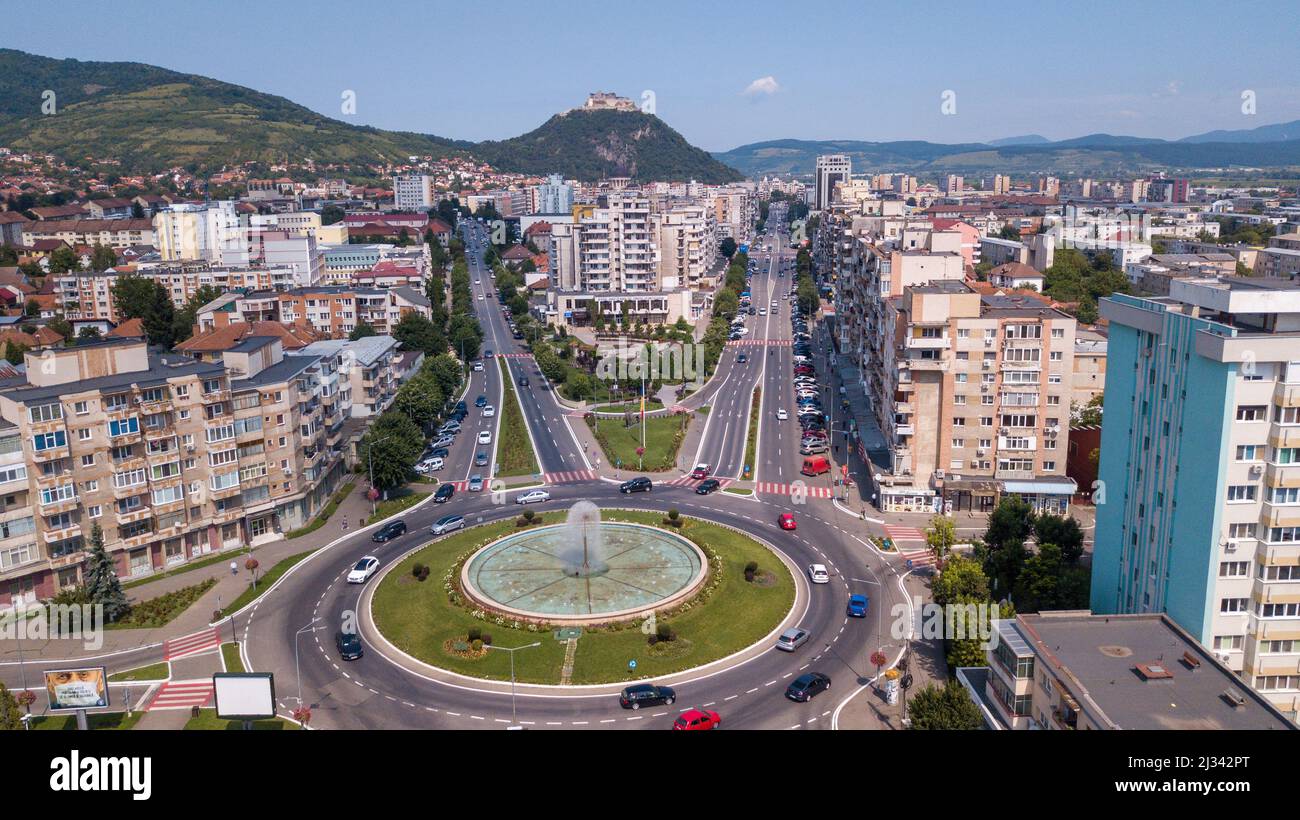 An aerial view of a square in the county of Hunedoara, Romania Stock