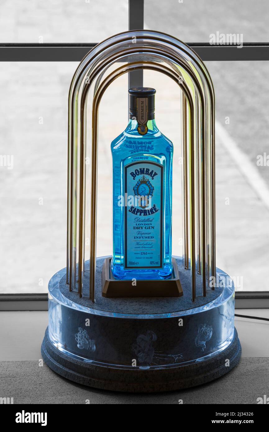 Bottle of Bombay Sapphire gin on display at Bombay Sapphire Gin