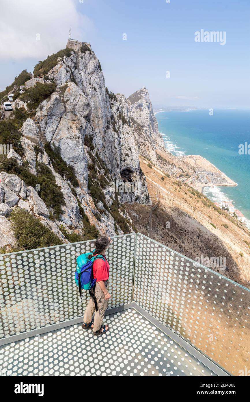 Person on Skywalk observation platform, Rock of Gibraltar Stock Photo