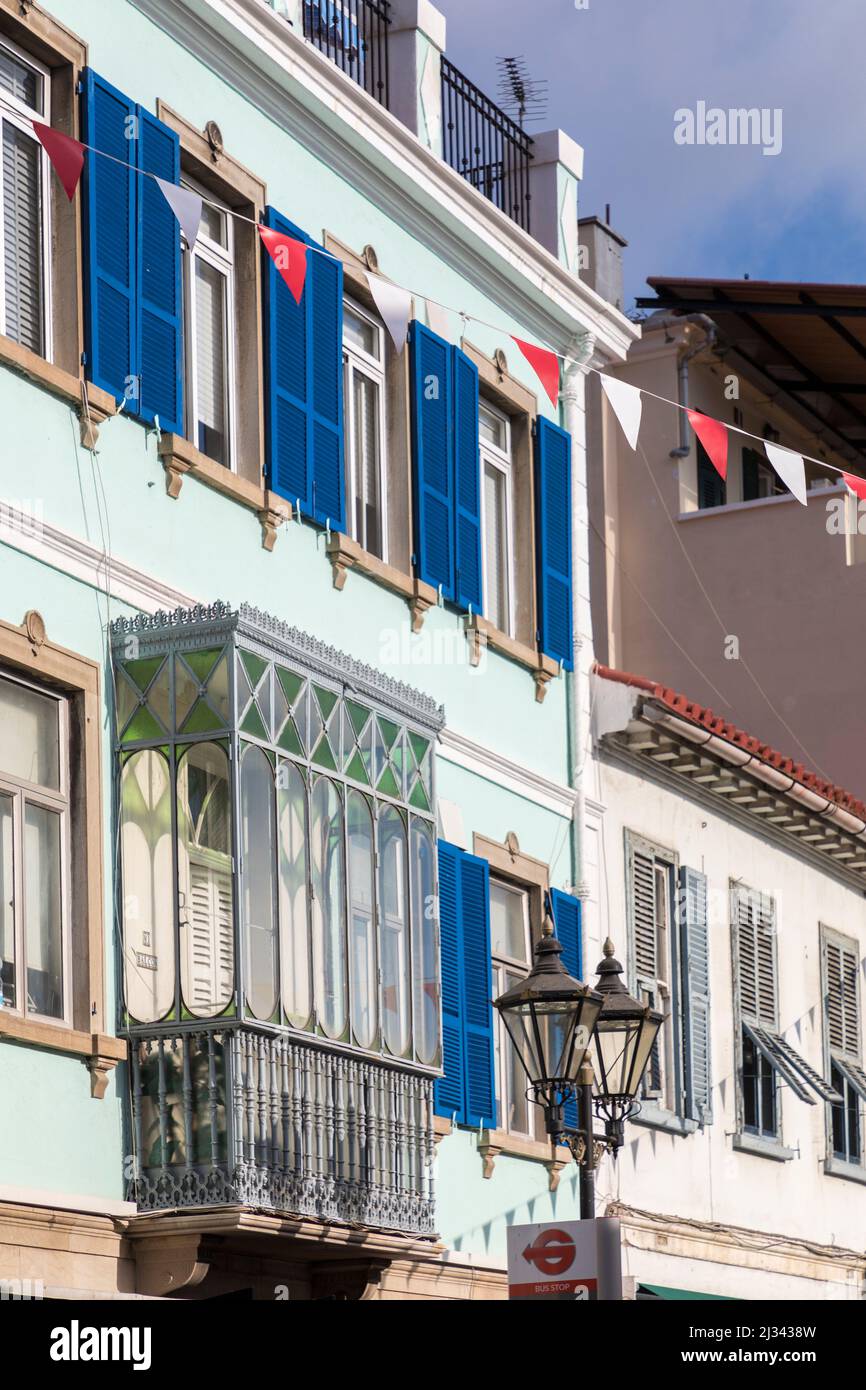 Enclosed balcony and shutters on windows, Gibraltar Stock Photo