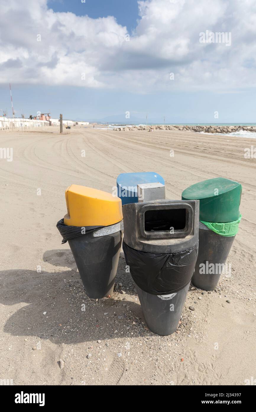 Litter bins on beach, Gibraltar Stock Photo