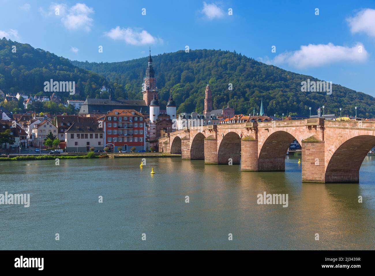 Heidelberg, view from the Nepomuk Terraces of the old town with the Church of the Holy Spirit and the Old Bridge over the Neckar Stock Photo