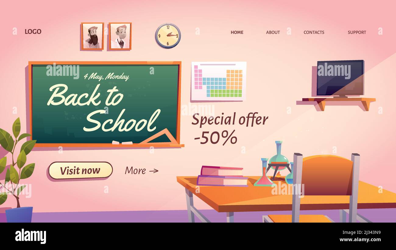 Back to school cartoon landing page with special promo sale offer. Empty classroom with chemistry studying stuff or textbooks on student desk and blac Stock Vector