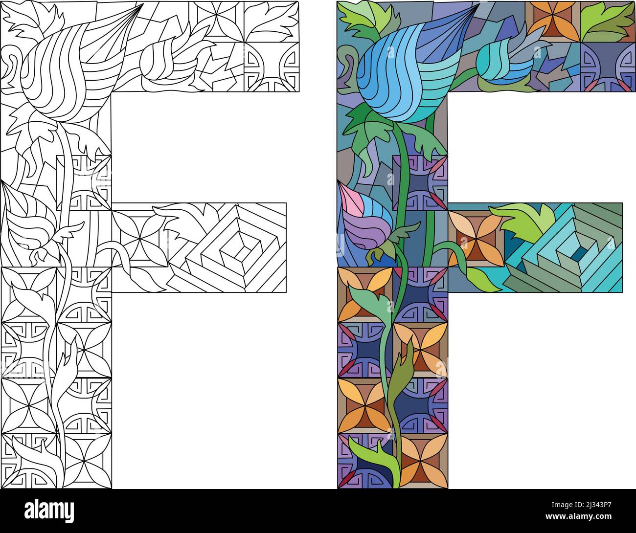 Zentangle stylized alphabet - letter F for coloring. Vector ...