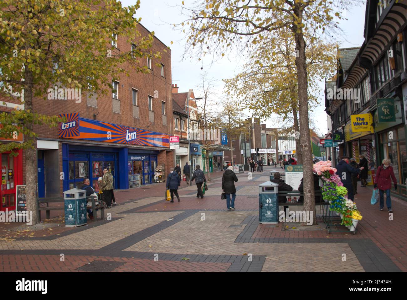 The shopping precinct in Worksop, Nottinhamshire in the UK Stock Photo
