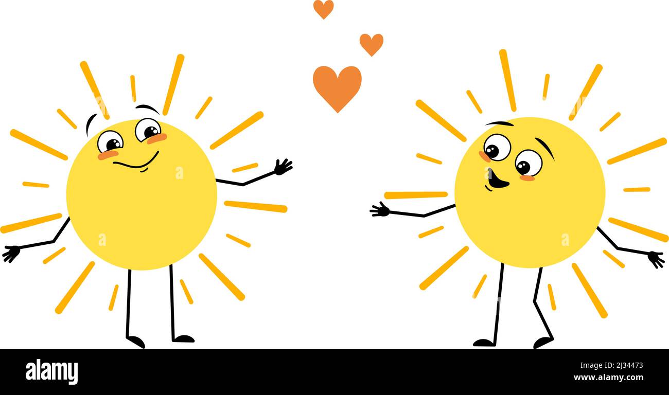 Cute sun character with love emotions, happy face, smile, arms and legs. Person with happy expression and pose. Vector flat illustration Stock Vector