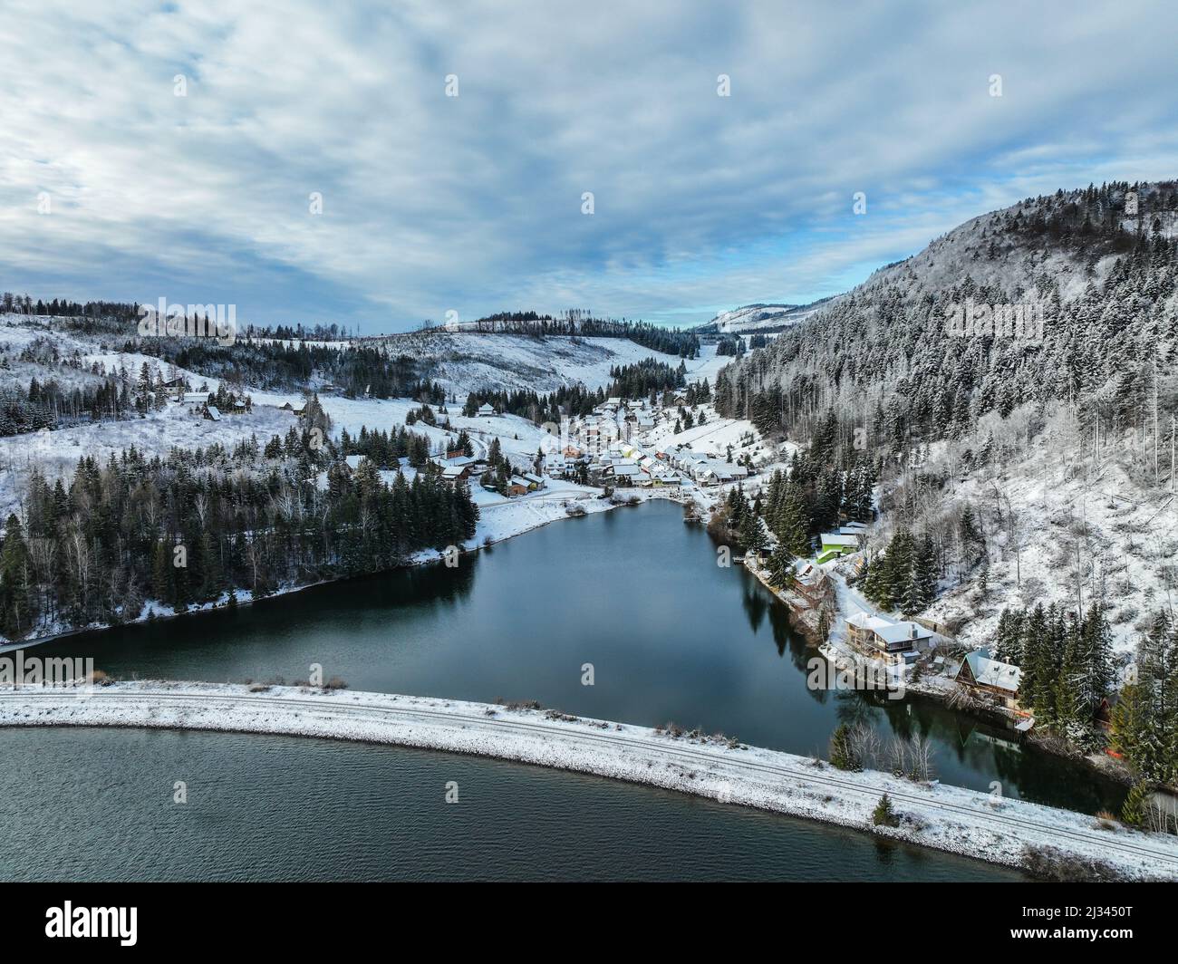 Aerial view of the Palcmanska Masa reservoir in the village of Dedinky in Slovakia Stock Photo