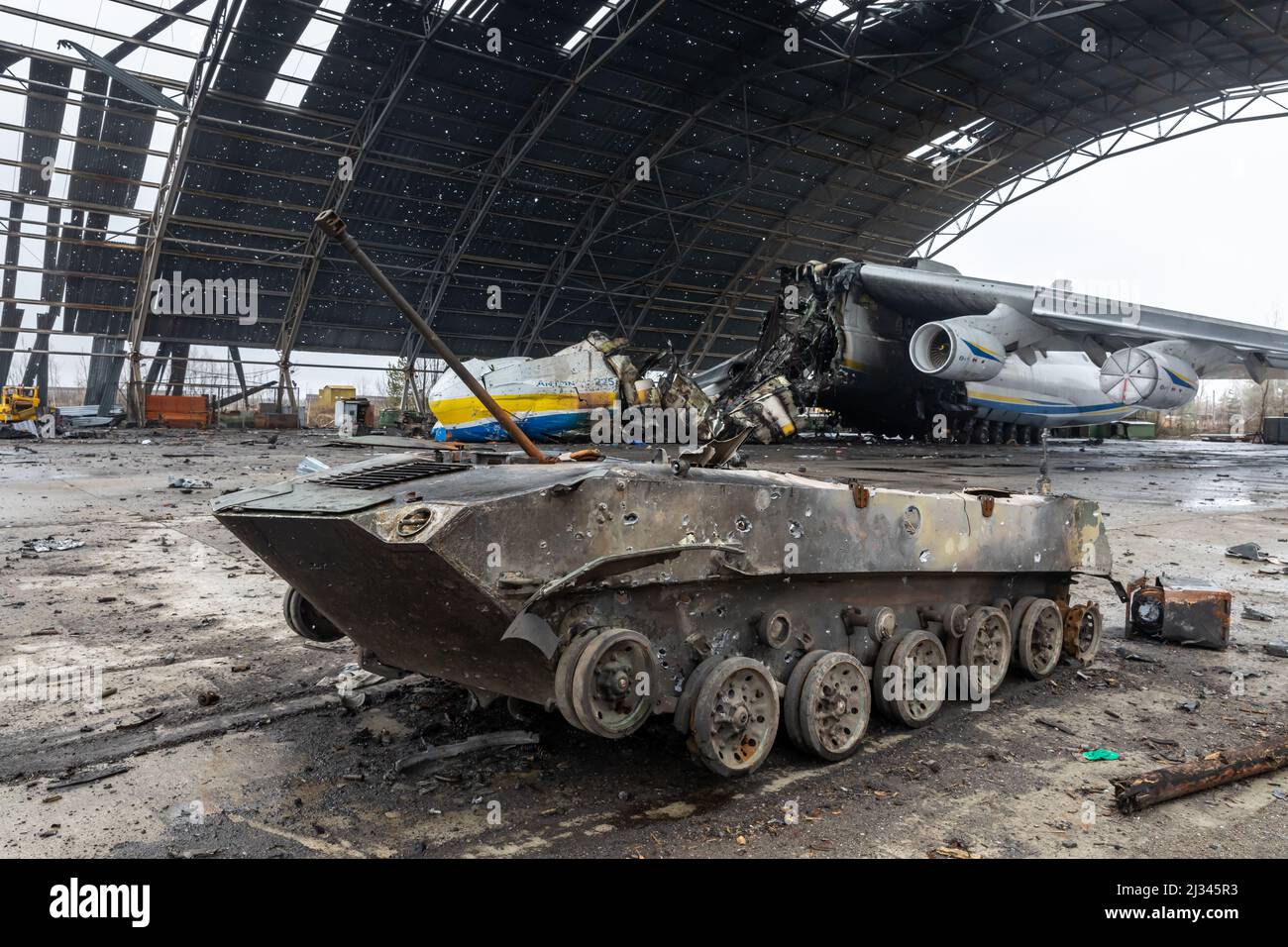 HOSTOMIL, UKRAINE - Apr. 02, 2022: The world-famous AN-225 Mriya, one of the largest airplanes in the world, was destroyed on the Hostomil Airport by Russian troops at 24 february 2022 Stock Photo