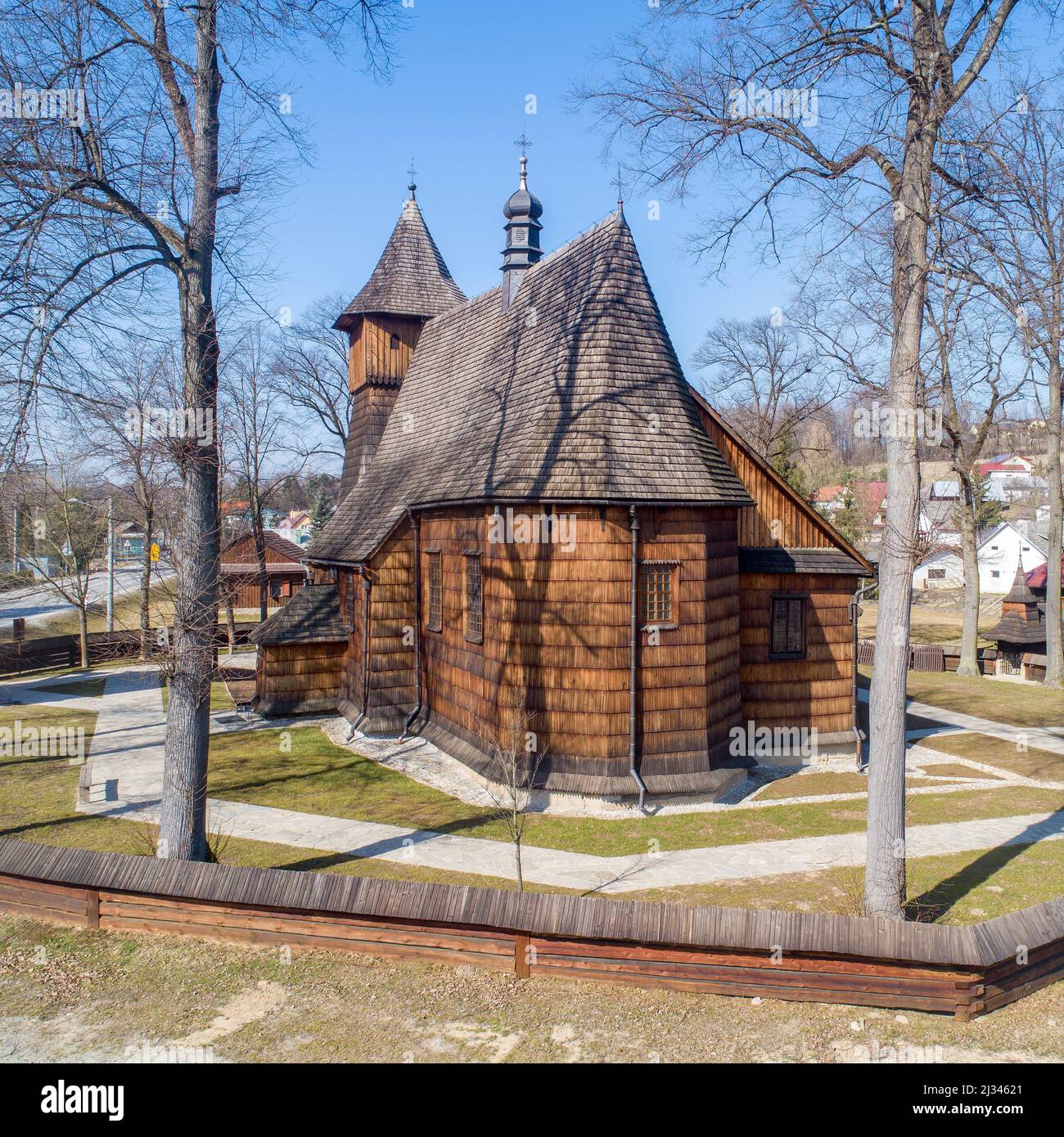 The Gothic wooden church of the Archangel Michael in Binarowa in Lesser Poland. Built in early 16th century (about 1500). UNESCO World Heritage Site. Stock Photo