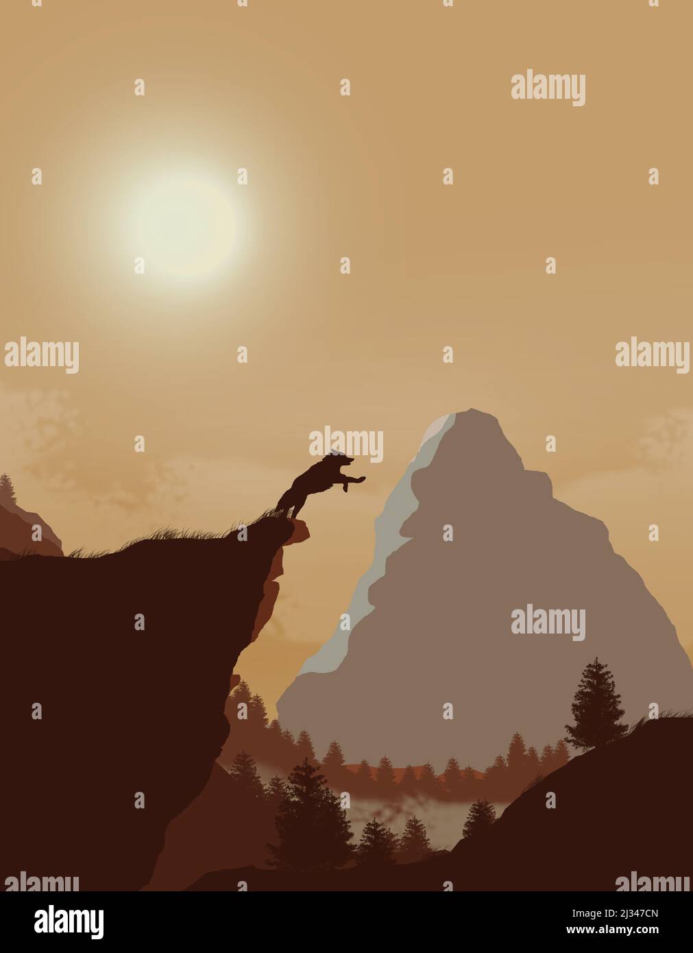 silhouette of a wolf jumping off a cliff. Stock Photo