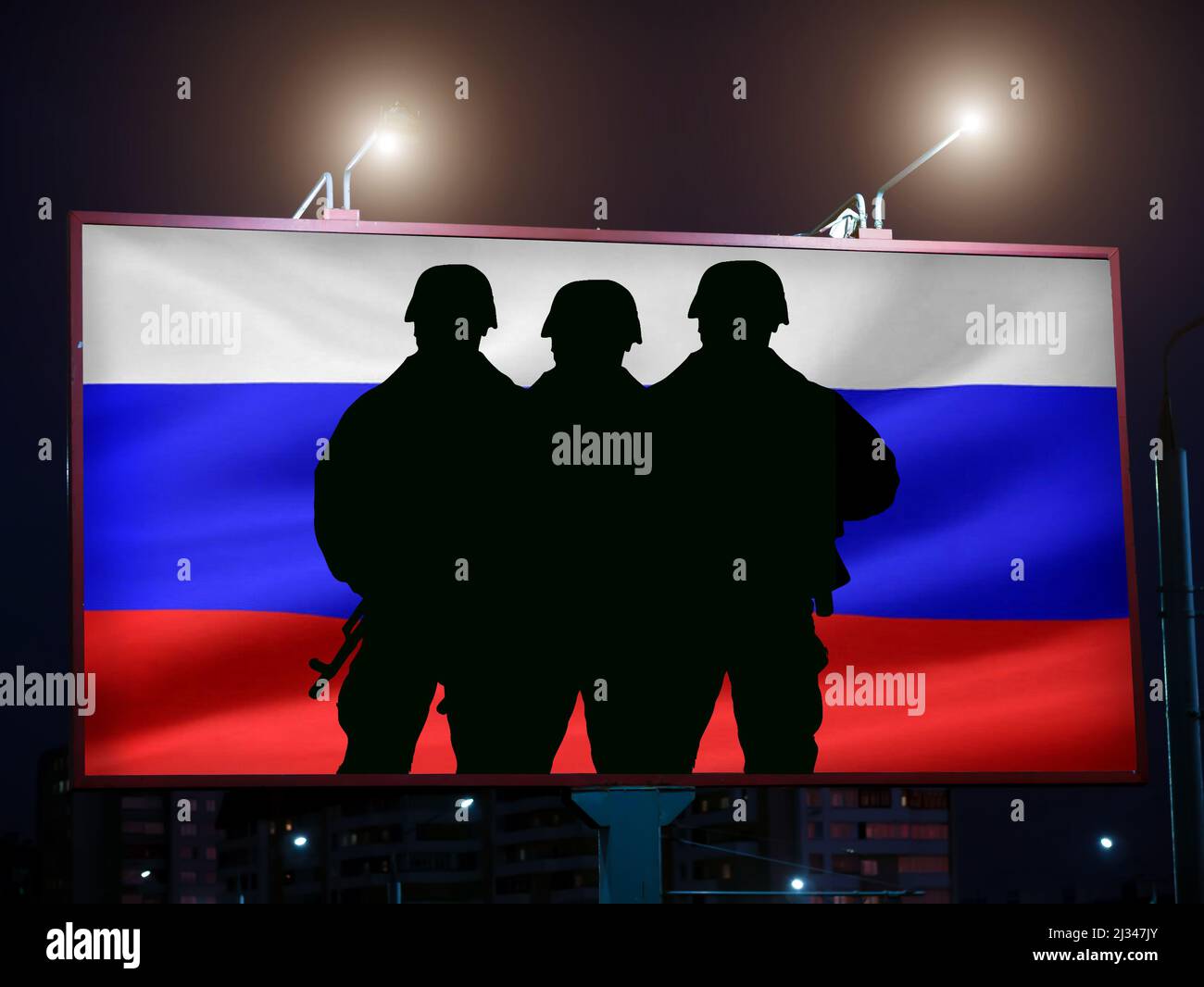 silhouettes of soldiers against the background of the Russian flag Stock Photo