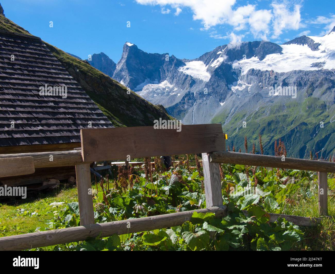 A photo of a cabin and nature in Refuge de Plaisance, Mountain cabin in Champagny-en-Vanoise, France Stock Photo
