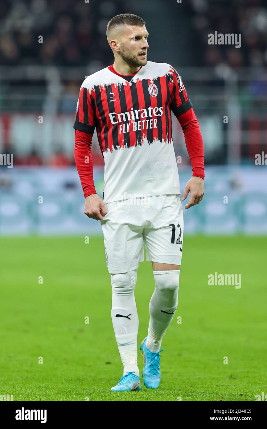 Milan, Italy. 04th Apr, 2022. Ante Rebic of AC Milan with AC Milan new  jersey during the Serie A 2021/22 football match between AC Milan and  Bologna FC at Giuseppe Meazza Stadium,