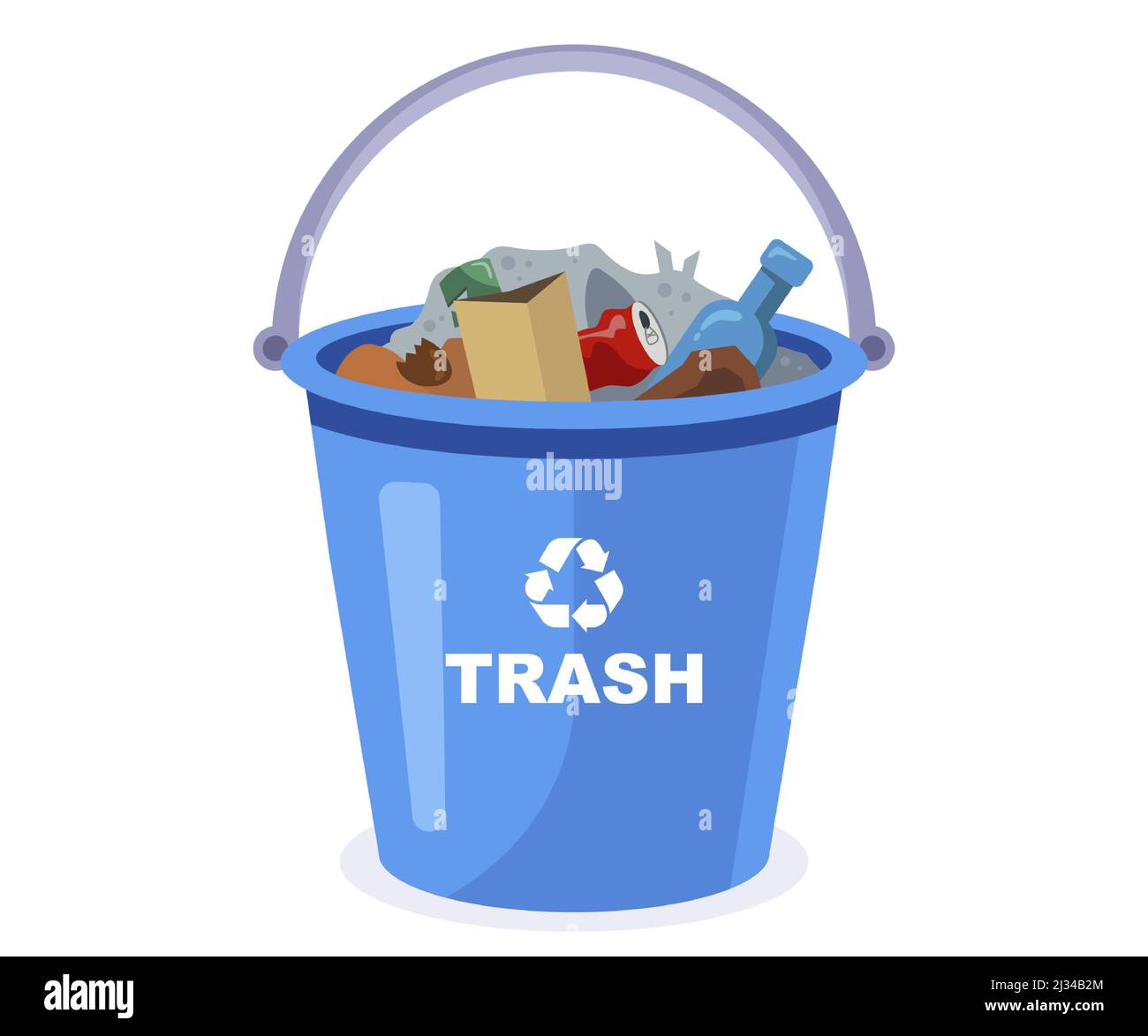 blue bucket with garbage and emblem. take household rubbish to the trash. flat vector illustration. Stock Vector