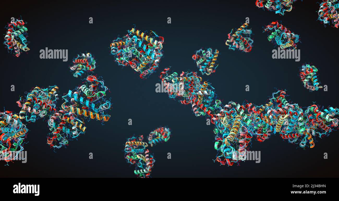 Colorful chain of amino acids or bio molecules called proteins 3d