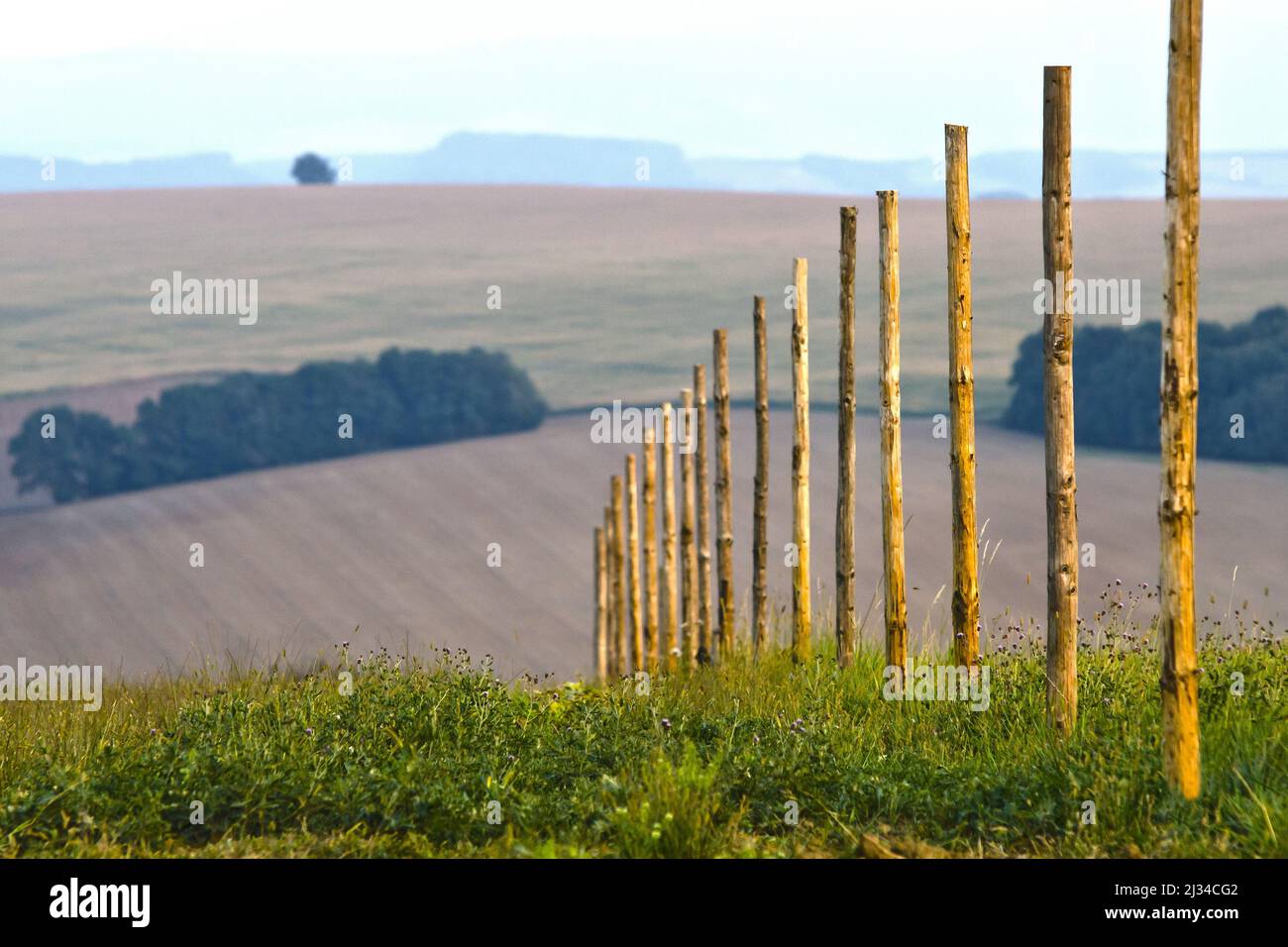 A view of wooden rural fences in greenery field in background of ...