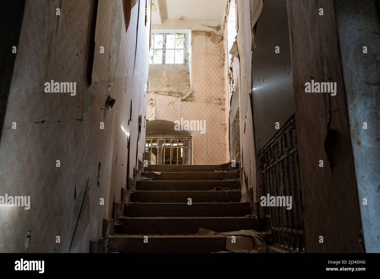 Dark staircase in an abandoned building. Wallpaper are peeling off the walls. Dirty steps upwards to the next floor. Interior in bad condition. Stock Photo