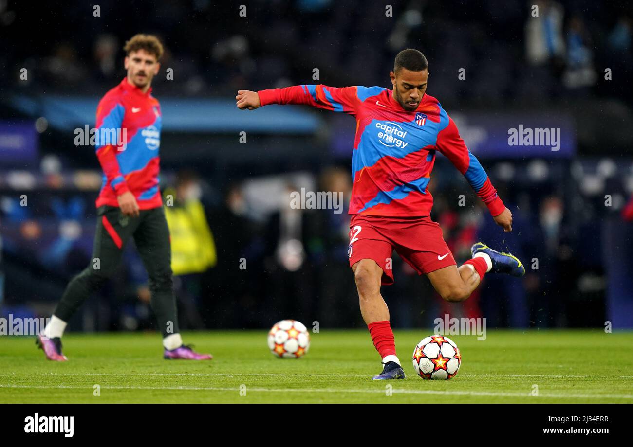 Atletico Madrid's dos Santos Renan Lodi during warm up prior to the UEFA Champions League Quarter Final first leg match at the Etihad Stadium, Manchester. Picture date: Tuesday April 5, 2022. Stock Photo