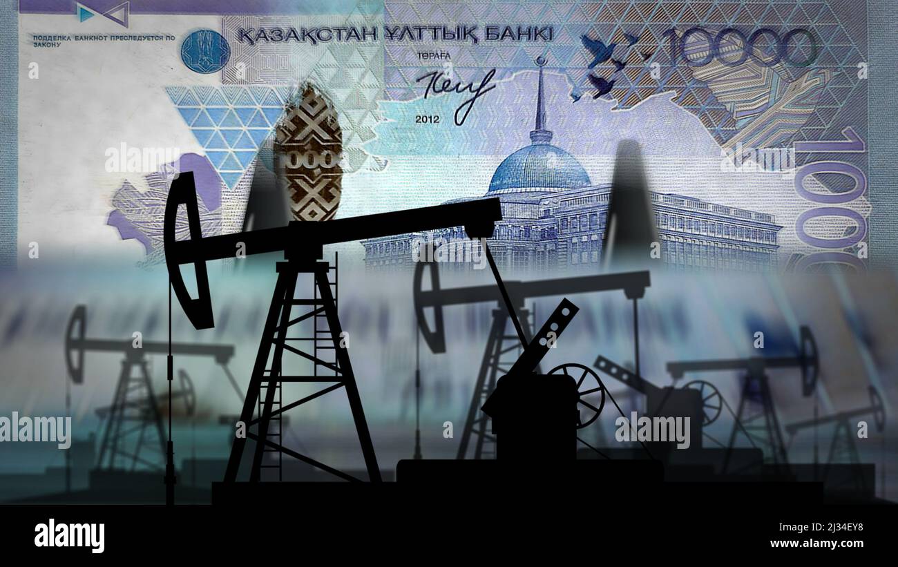 Kazakh Tenge money counting machine with oil pump. Petroleum rig and fuel energy business with Kazakhstan banknotes count. Economy abstract concept ba Stock Photo