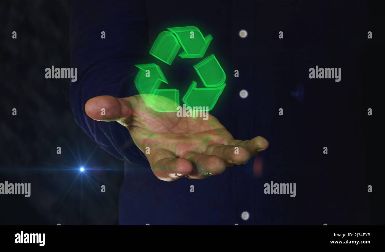 Recycling icon, waste data management and sustainable industry 3d symbol over man hand. Cyber technology symbol abstract concept 3d illustration. Stock Photo