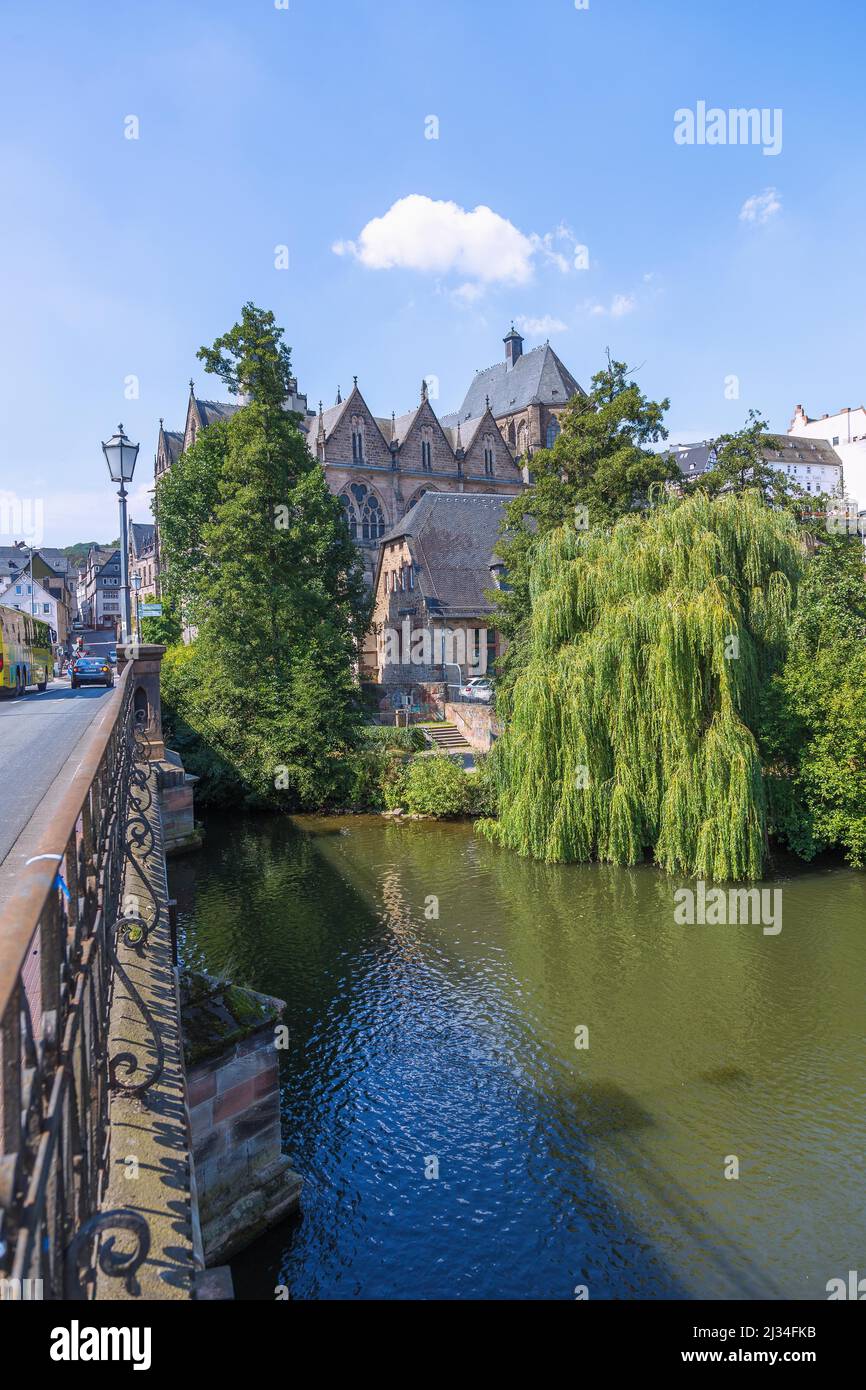 Marburg an der Lahn; Old university and university church from the banks of the Lahn Stock Photo