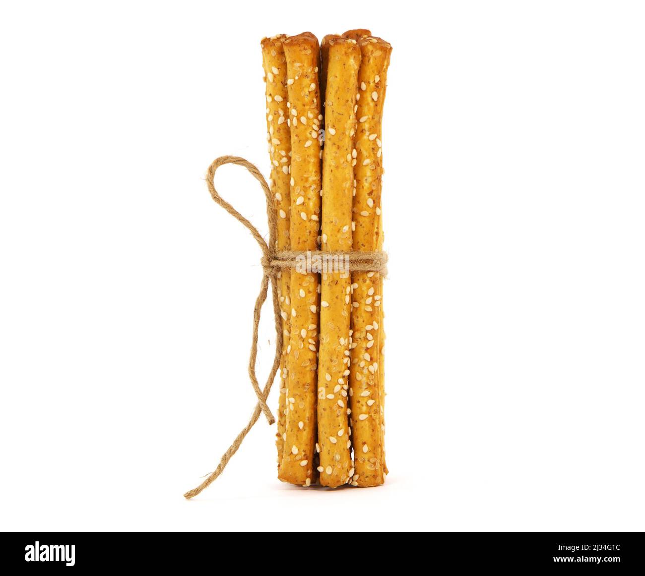 Sesame String Bread Grissini breadsticks with sesame seeds tied with string, isolated on a ...